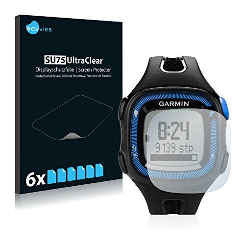 savvies Protector Pantalla Compatible con Garmin Forerunner 15 (Big Edition) Black/Blue (6 Unidades) Pelicula Ultra Transparente