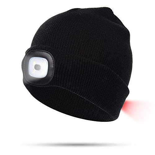 XUPHINX Gorra de Punto 8LED, Unisex Invierno cálido Luces Delanteras y traseras Sombrero de Punto, Linterna Recargable de Manos Libres, para Exteriores/Pesca/Barbacoa/Correr, Negro