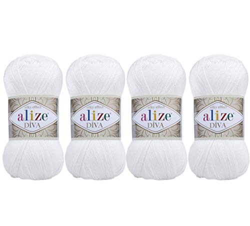 100% microfibra acrílico Alize Diva efecto seda tejer deporte ganchillo hilado lote de 4 madejas de bola 400gr 1532yds color (55 blanco)