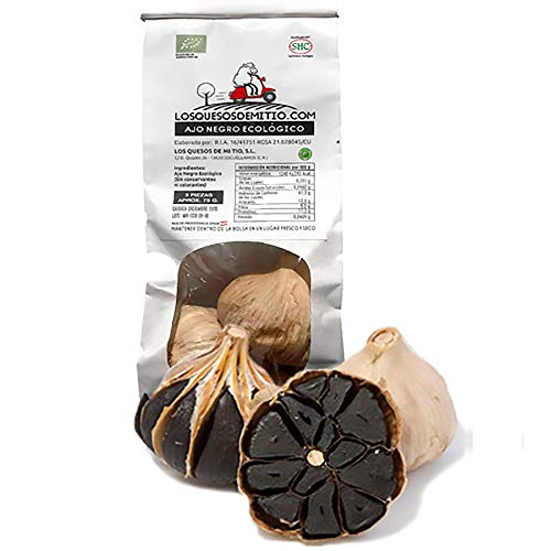 Ajo negro ecológico español de máxima calidad (3 cabezas de ajo negro al natural, aprox 85g), antioxidante y energizante natural con sabor a regaliz, textura blanda, agricultura ecológica de Losquesosdemitio (La Mancha)