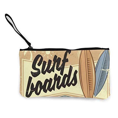 Alquiler de tablas de surf Diseño de letrero de playa retro Lindo monedero de lona con de con cremallera Bolsa de maquillaje con correa para la muñeca Bolsa de teléfono en efectivo 8.5 X 4.5 pulgadas