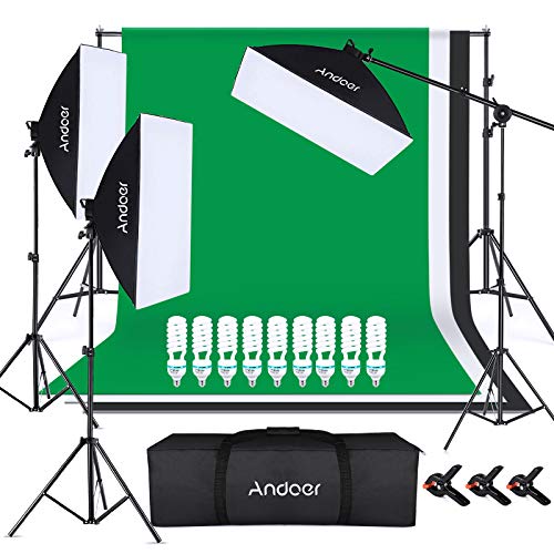 Anoder Kit de Fotografía Profesional con 3 Softbox de 50x70cm y 9 Bombillas de 135W,3 Fondo de Fotografia de 1.8x2.8m(Blanco/Negro/Verde) con Sistema de Soporte de 2x3m para Fotografía Profesional