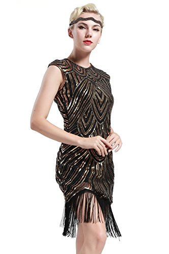 BABEYOND Vestidos de aleta de mujer 1920 vestido de flecos de Gran Gatsby (Oro negro, S/ UK8-10/ EU36-38)