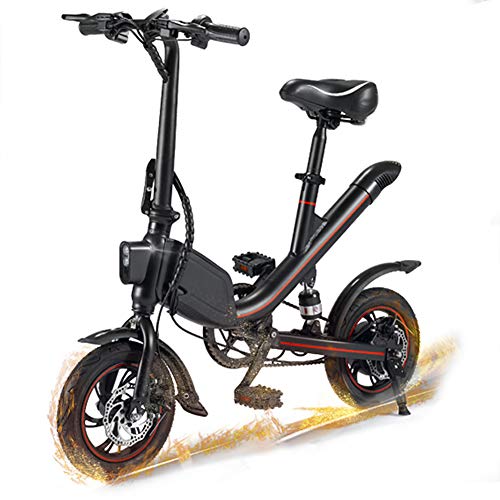 Bicicleta Eléctrica Plegable - Bicicleta Eléctrica Adultos - Motor de 350W - Iluminación LED - Velocidad máxima 25 km / h - Neumáticos de 12 pulgadas - Amortiguador central - Sillín ajustable,Negro