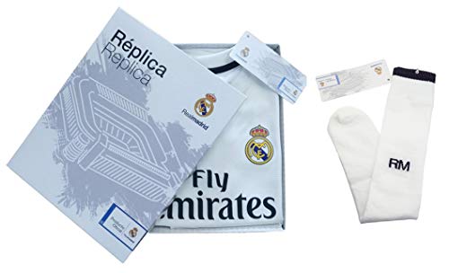 Conjunto Complet Infantil Real Madrid Réplica Oficial Licenciado de la Primera Equipación Temporada 2018-19 Sin Dorsal (6 años)