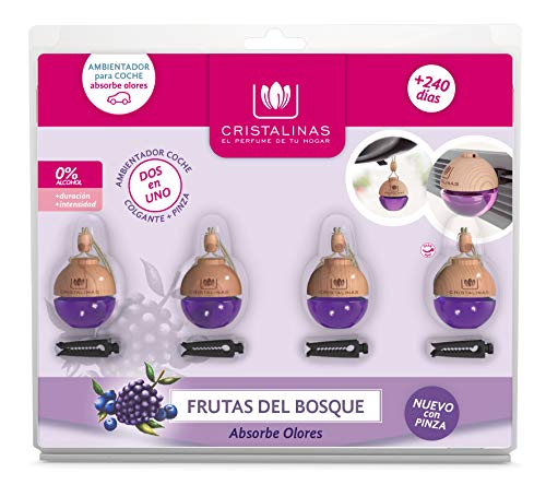 CRISTALINAS. Pack 4 Unidades Ambientador & Absorbe Olor para Coche esférico. Doble sujecion: Pinza + Colgante. 0% Alcohol.Mas de 8 semanas de duración Cada uno Aroma Manzana (Frutas del Bosque)