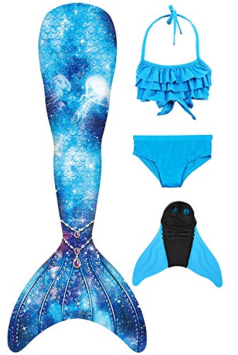 Decool - Traje de baño para niña con cola de sirena. Cosplay de princesa para nadar, juego con bikini y aleta, juego de 4 piezas PS03 120/130 cm