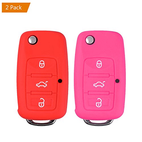 E-Mandala Funda Llave VW, 3 Botones Llave Carcasa in Silicona para Coche Volkswagen VW Golf 7 6 5 4 Caddy Lupo Polo Passat Skoda Fabia Bora Cover de Llave Car Key Case - Rosa Roja