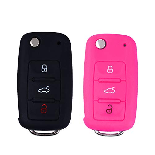 E-Mandala Funda Llave VW, 3 Botones Llave Carcasa in Silicona para Coche Volkswagen VW Golf 7 6 5 4 Caddy Lupo Polo Passat Skoda Fabia Bora Cover de Llave Car Key Case - Rosa Negra