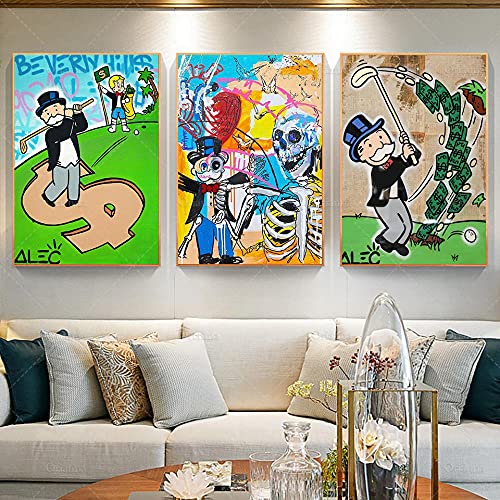 HUANGXLL Graffiti Art Playing Golf Money Poster Pinturas Monopolyingly Lienzo Arte Moderno Cuadros Decorativos de Pared Decoración del hogar-40x60cmx3Pcs-Sin Marco