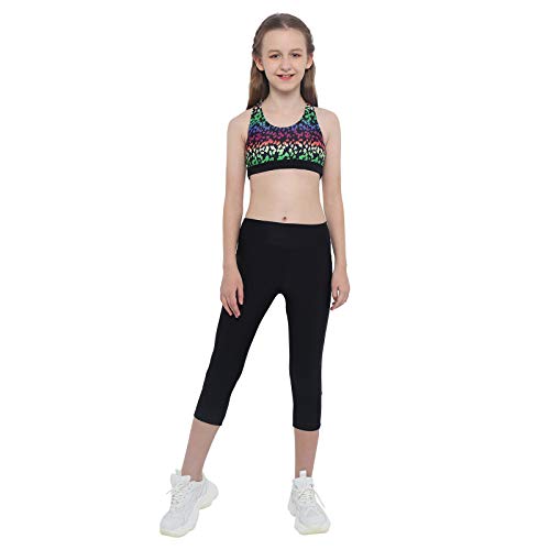 inlzdz Conjuntos de Crop Top y Leggings Mallas Ropa Deportiva Niña para Fitness Gym Running Conjuntos de Deporte Gimnasia Black Green 5-6 años