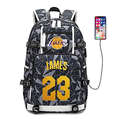 NBA Lakers Mochila Escolar Mochila de Baloncesto de Gran Capacidad USB Hombres y Mujeres Mochila A2