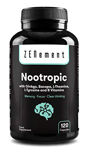 Nootropico, con Ginkgo, Bacopa, Teanina, Tirosina y Vitaminas B, 120 Cápsulas | Memoria, Concentración, Agilidad mental | Vegano, sin aditivos, sin alérgenos, No-GMO | de Zenement