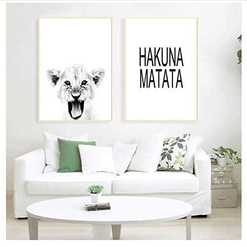 QIAOB Póster de Lienzo, Cita de Hakuna Matata, Lienzo artístico, Pintura, Estampado de León bebé, Animal Salvaje, póster Blanco y Negro sin Marco