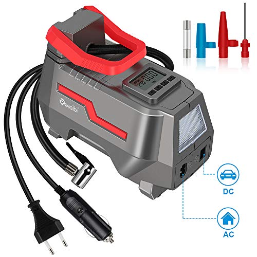 Reesibi 150PSI Compresor Aire Portatil 12V DC 220V AC Electricidad Dual, Inflador Electrico Neumaticos, Compresor Aire Bomba para Bici Coche Moto y Otros Inflables, 2.8m Cable eléctrico, Rojo/Plata