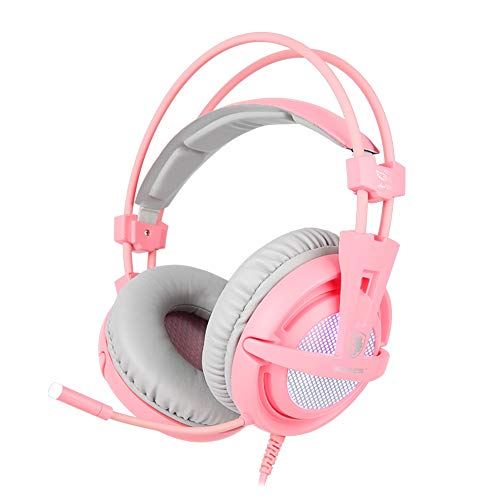 SADES - Auriculares para videojuegos con USB A6 (edición de ángel), sonido envolvente 7.1, micrófono con cancelación de ruido, luz LED pulsante, para PC/ordenador/Mac y portátil, color rosa