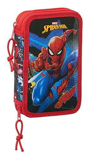 safta Estuche Escolar con 28 Útiles Incluidos de SpiderMan Go Hero, 125x40x195mm, negro/rojo, M