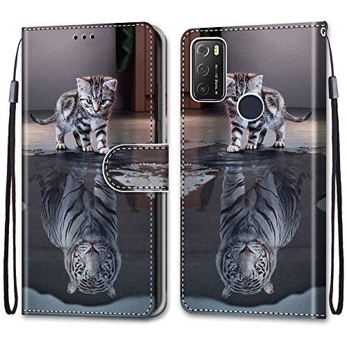 SEEYA - Funda tipo cartera para Alcatel 1S 2021, con tapa magnética de piel con tarjetero, funda tipo libro para Alcatel 1S 2021 Cat Tiger