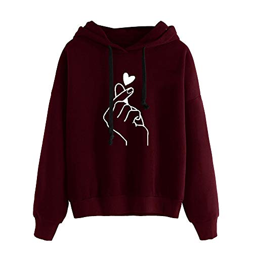 SHOBDW Liquidación Mujeres Señoras Sólidas Ocasionales Lindo Suave Elegante Cuerda Sudadera con Capucha Pullover Top Blusa Sudadera con Capucha de Manga Larga (Vino Rojo,XL)