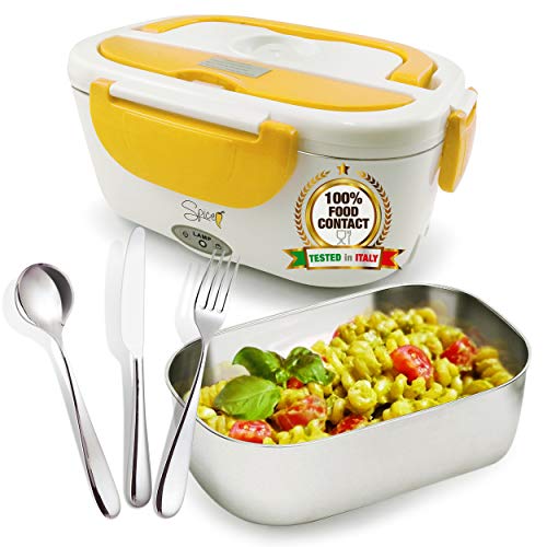 SPICE - Calentador de Alimentos eléctrico extraíble, de Acero Inoxidable, con Tapa y Junta, portátil, Recipiente térmico (1,5 L + Juego de Cubiertos, Metal, Amarillo)