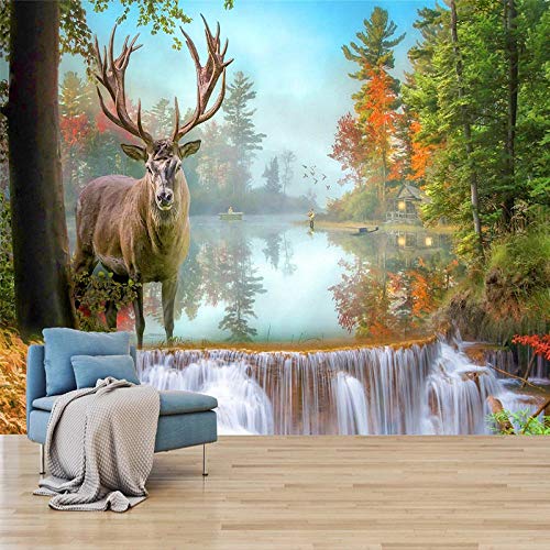 SUNNYBZ Papel Pintado De La Habitación De Los Niños Cascada Bosque Alce 450X300 Cm Engrosamiento Etiqueta De La Pared Cartel De Arte Etiqueta De La Pared Habitación De Los Niños Niño Niña Club Restaur