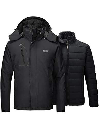 Wantdo Abrigo Snowboard para Exteriores Chaqueta de Senderismo Deportiva Invierno Parka Cálida Forro Polar con Capucha Chaqueta 3 en 1 Forro Desmontable Hombres Negro Large