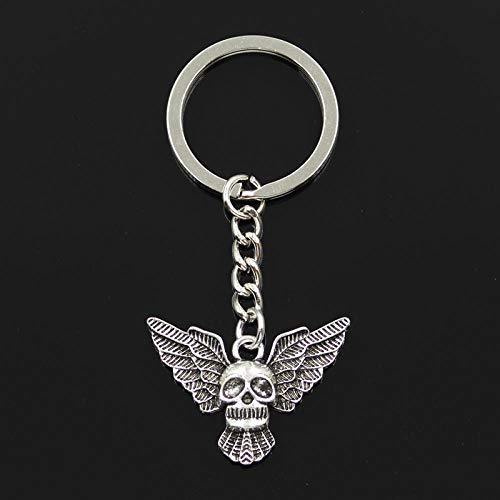 Wjlytf Llavero de metal 30 mm Colgante de joyería antigua Forma de calavera Chapado en mosca Color Plata 34x25 mm