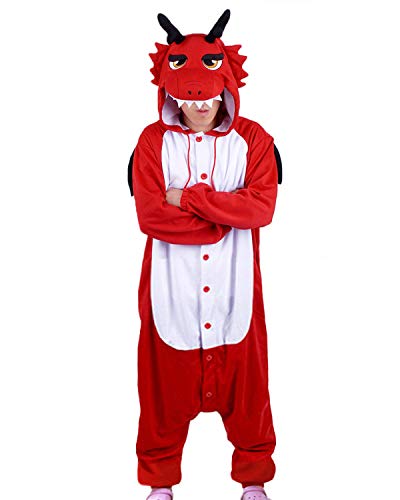 wotogold Pijama de Dragón Rojo Animal Trajes de Cosplay Adultos Unisex with Horn Red