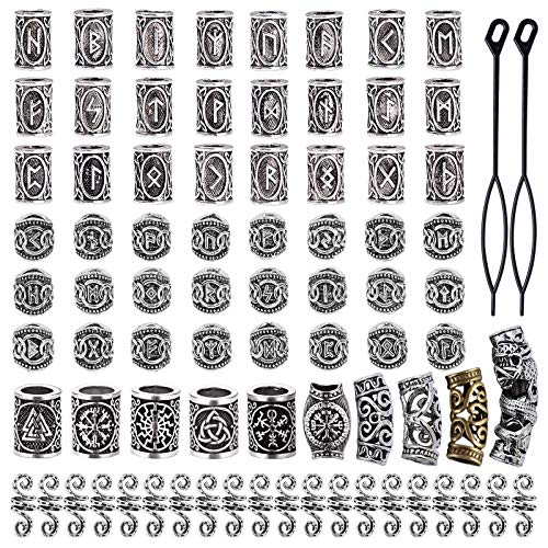 YMHPRIDE 80 piezas de cuentas de barba vikinga, cuentas de tubo de pelo nórdicas antiguas, cuentas de rastas para trenzar el cabello, pulsera, colgante, collar, joyería de plata DIY