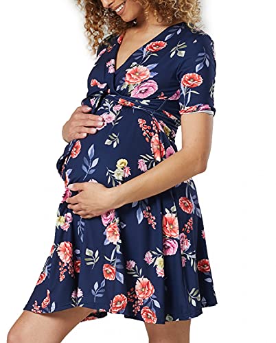 Zeta Ville Mujer Minivestido de Jersey de Maternidad Lactancia Baby Shower 1388 (Marina Met Flores, 38, M)