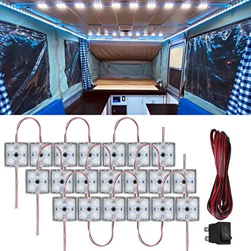 20 x 4 LED 12V Kits de luz interior de coche con cable e interruptor Lámpara de iluminación impermeable Luces de techo de furgoneta para camión RV Bus Caravana Barco Camiones Autocaravana - Blanco