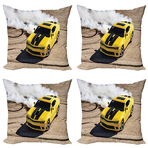 ABAKUHAUS Amarillo Set de 4 Fundas para Cojín, Racer Speedy Coche Deportivo, Estampado Digital en Ambos Lados y Cremallera, 50 cm x 50 cm, Topo Caliente Amarillo