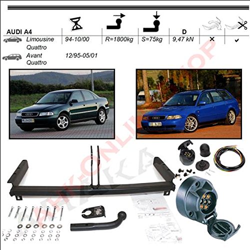 AHK Remolque con eléctrico Juego de 7 pines para Audi A4 tricuerpo Kombi de 4 x 4 94 – 00 anhängev orrichtung – Colgar fijo, con angeschraubtem Rótula