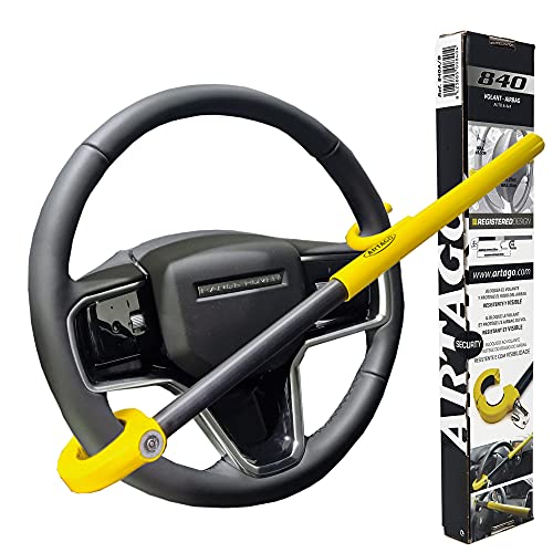 Artago 840A/B Barra Antirrobo Coche Volante Universal, Cierre Compacto Basculante, Cerradura Alta Seguridad con Bola antitaladro, Ajuste de Rosca, Automóvil SUV Furgoneta Camión, Amarillo y Negro