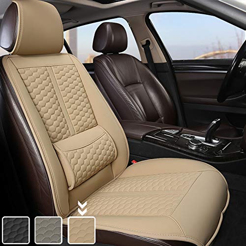 Black Panther Funda Asiento Coche Delantero, Protector Asiento Delantero Cuero de PU, con Soporte Lumbar y Reposacabezas(1 Pieza Beige)