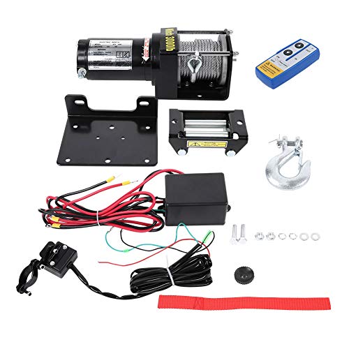 Cabrestante Electrico 12V 3000Lb(1360Kg) Cuerda 15m para Barcos Coche ATV SUV Camión con Gancho Cabestrante Mando de Distancia y Placa de Montaje, 4 x 4