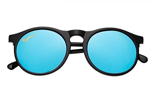 Capraia Arilla Clásicas Redondas Vintage Gafas de Sol Ultra Ligeras TR90 Montura Brillante Negra y Lentes Azules Espejadas Polarizadas protección UV400 Hombres Mujeres