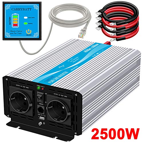 CARRYBATT 2500W Inversor de Corriente DC 12V a 220V 230V Onda sinusoidal Pura Transformador Convertidor con Mando a Distancia & Salidas de 2 AC y 1 Puerto USB