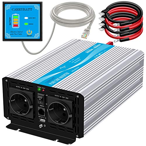 CARRYBATT 3000W Inversor de Corriente DC 24V a 220V 230V Onda sinusoidal Pura Transformador Convertidor con Mando a Distancia & Salidas de 2 AC y 1 Puerto USB para Móviles