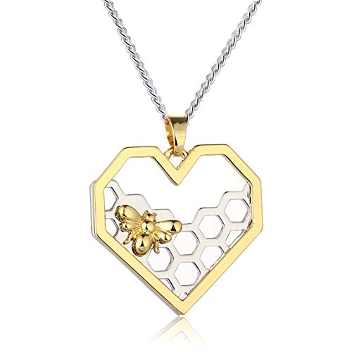 Collar de abeja de corazón de miel que gotea, collar de abeja de miel, cadena de cuello ligero de acero inoxidable, collar con colgante de corazón de panal hexagonal (Heart)