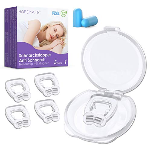 Dispositivos Antironquidos para Dormir, HOPEMATE H Dilatador Nasal, 5 Pcs Ronquidos Soluciones Clip Magnético de Silicona con Un Par de Tapones, para Mejora la Respiración