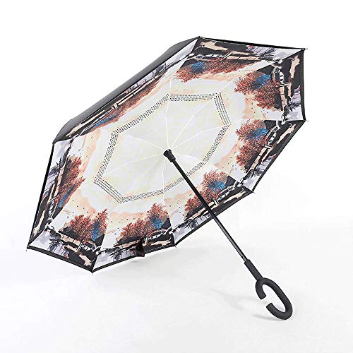 Ellyeall Umbrella Auto Open, Paraguas inverso con manija en Forma de C, Paraguas Recto, asidero de Manos Libres, para Hombres y Mujeres de Todas Las Edades,B