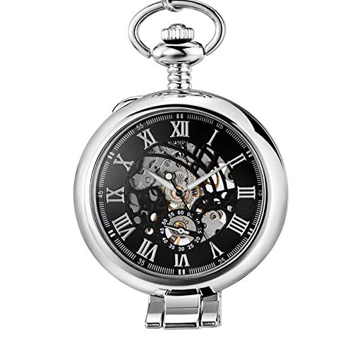 GIPOTIL Reloj de Bolsillo Gorben de Acero Inoxidable para Hombre, Informal a la Moda, Esfera esquelética, Reloj de Cadena mecánico de Viento de Mano Plateado, Astilla 2