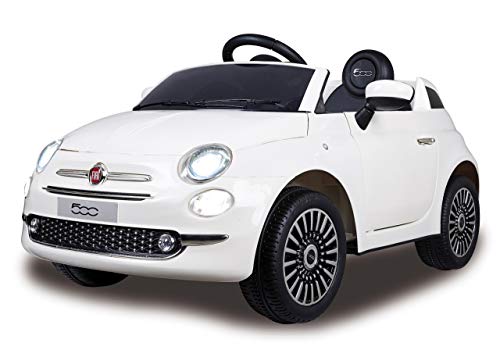 Jamara 460445 Ride-on Fiat 500 Blanco 12V-Arranque Suave sin Llave, MicroSD, AUX, USB, Faro LED, Ruidos, Claxon, 2 Motores, Batería Potente, Ruedas Ultra-Grip, Color