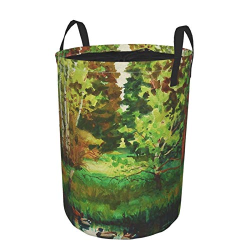 JOSENI Plegable Grande Cesto de Ropa Sucia para el Hogar,Mallard Grove,Lavandería Cesta de Almacenaje Impermeable con Cordón,14" x 19"