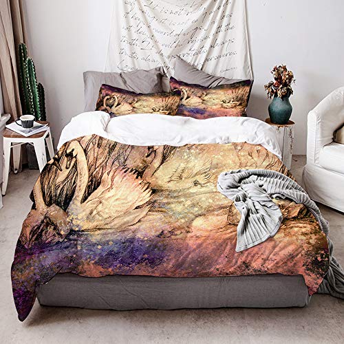 KIMDFACE Funda Edredón，Dibujo Decorativo de cisnes y Patos Salvajes Nadando en el Estanque con Juncos，Ropa de Cama Funda Nórdica,1（140x200cm）+2（50x80cm）