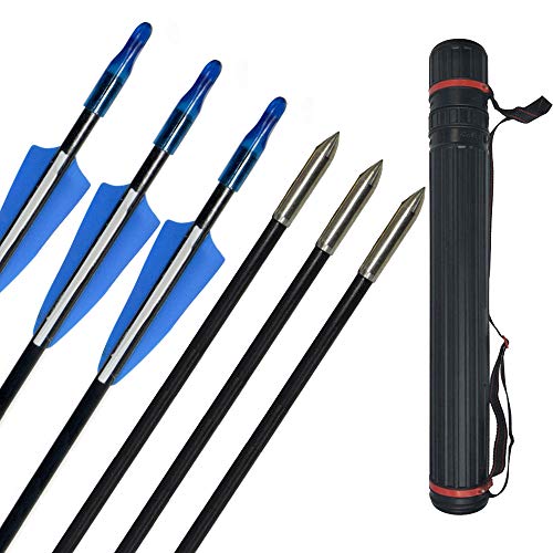 MILAEM 12pcs 31inch Tiro con Arco Flechas de Fibra de Vidrio con carcaj de Flecha Columna Vertebral 900 Flechas de Caza para Arco recurvo Arco Largo Tradicional Tiro al Blanco al Aire Libre (Azul)