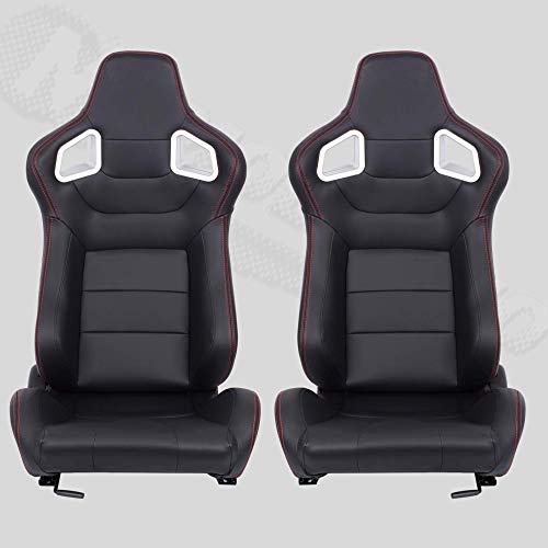 MODAUTO Asiento Deportivo Coche, Semibaquet Ajustable, de Cuero, con Ríeles incluidos, Conductor y Pasajero, Universal para Coche y Simulador de Conducción, Modelo N700LR, Negro y Costura Roja