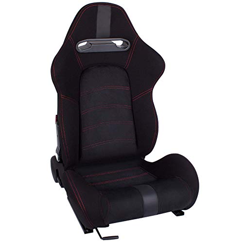 MODAUTO Asiento Deportivo Coche, Semibaquet Ajustable, Tela y Alcantara, Ríeles incluidos, Universal para Coche y Simulador de Conducción, N300R, Negro, Costura Roja