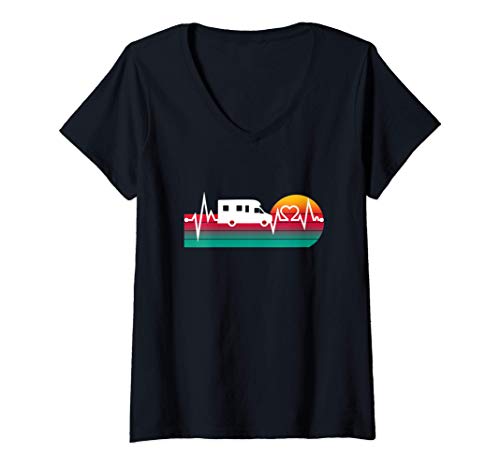 Mujer Autocaravana Heartbeat EKG Camper Camping Regalo divertido Camiseta Cuello V